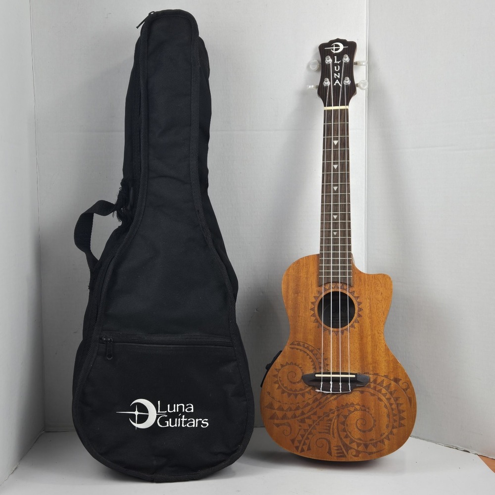 Luna Mahogany Concert Ukulele Acoustic Electric Tattoo Laser Etched w Bag VIDEO